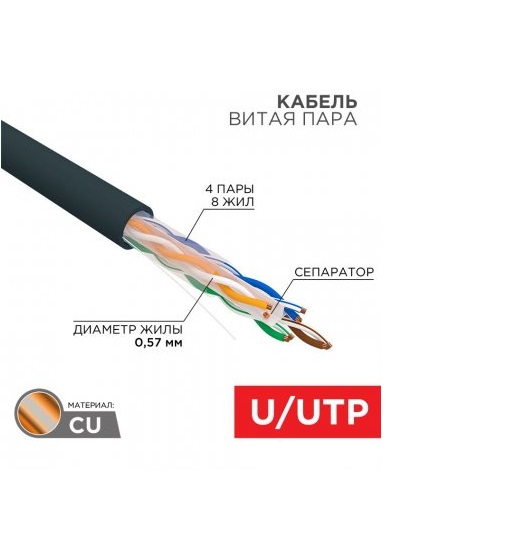 Кабель витая пара U/UTP, CAT 6, PE, 4PR, 23AWG, OUTDOOR, SOLID, черный, 305м REXANT  01-0058 Фото Кабель витая пара U/UTP, CAT 6, PE, 4PR, 23AWG, OUTDOOR, SOLID, черный, 305м REXANT  01-0058 Фото