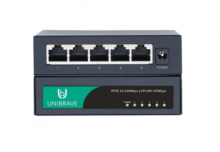 UB-SW-4F1F-48 out Base Неуправляемый коммутатор Unibrave с поддержкой PoE на 4 порта с внешним адаптером питания Фото