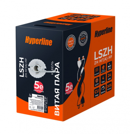 Hyperline UUTP4R-C5E-S24-IN-LSZH-GY-305 Кабель витая пара, неэкранированный U/UTP, категория 5e, 4 пары 24 AWG, 4х2х0,51 мм, Фото