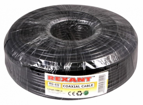 Кабель коаксиальный REXANT RG-6U, 75 Ом, CCS/Al/Al, 64%, бухта 100 м, черный OUTDOOR Фото Кабель коаксиальный REXANT RG-6U, 75 Ом, CCS/Al/Al, 64%, бухта 100 м, черный OUTDOOR Фото