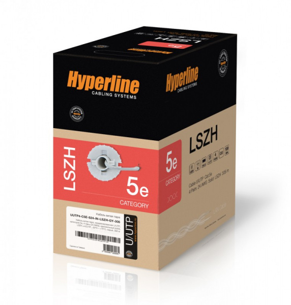 Кабель витая пара Hyperline Cat5e U/UTP, UUTP4-C5E-S24-IN-LSZH-GY-305, (305 м) неэкранированная Фото Кабель витая пара Hyperline Cat5e U/UTP, UUTP4-C5E-S24-IN-LSZH-GY-305, (305 м) неэкранированная Фото