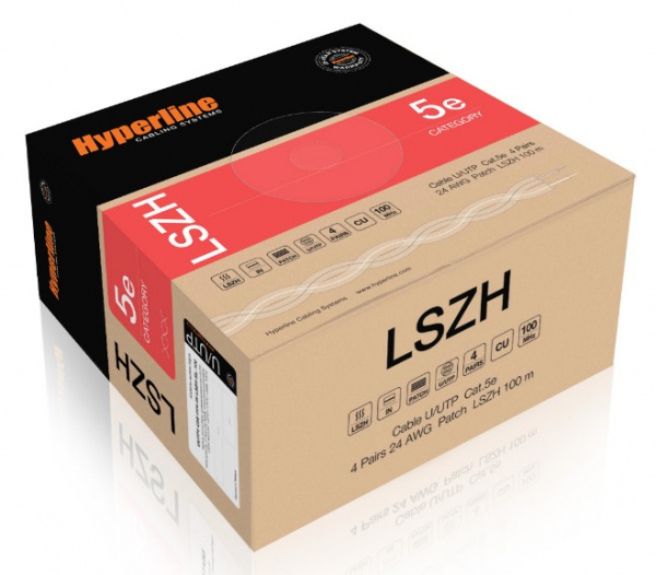 Кабель витая пара Hyperline Cat5e U/UTP, UUTP4-C5E-P24-IN-LSZH-BK-100, (100 м) неэкранированная Фото