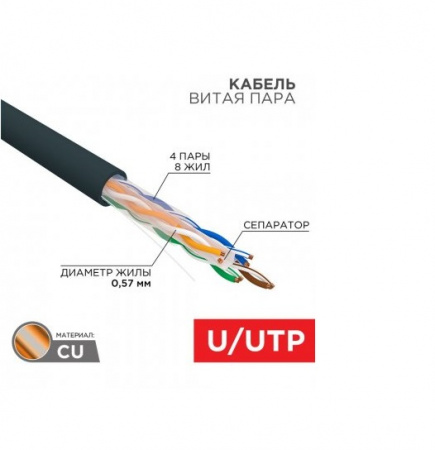 Кабель витая пара U/UTP, CAT 6, PE, 4PR, 23AWG, OUTDOOR, SOLID, черный, 305м REXANT  01-0058 Фото