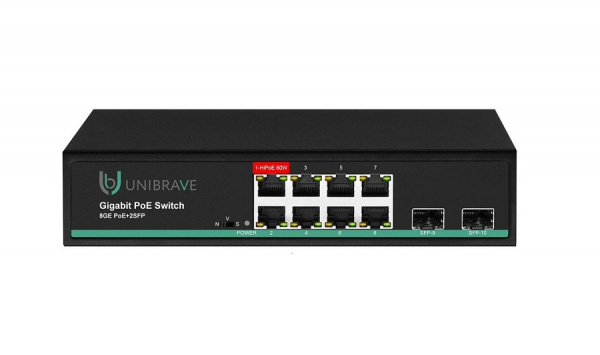 UB-SW-8G2SFP-150 Pro Гигабитный неуправляемый коммутатор Unibrave с поддержкой PoE на 8 портов, 2SFP-портами (150 Вт) Фото