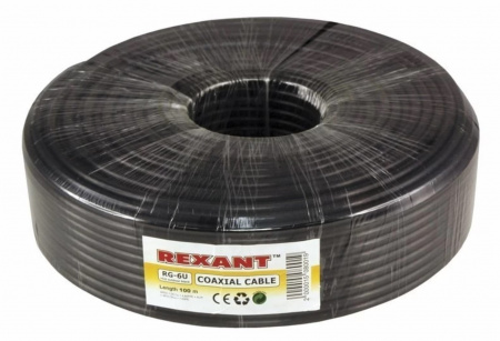 Кабель коаксиальный REXANT RG-6U+Cu, 75 Ом, Cu/Al/Cu, 64%, бухта 100 м OUTDOOR Фото